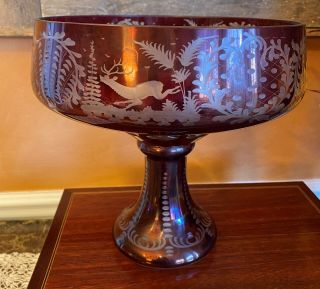 Cranberry Cut To Clear Etched Bohemian Czech Art Glass Pedestal Bowl Vintage