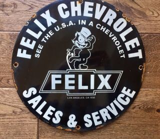 Vintage Felix Chevrolet Sales And Service Heavy Porcelain Sign 12” Gas & Oil