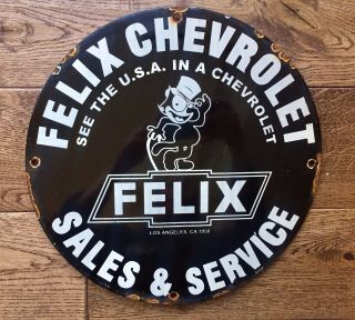 Vintage Felix Chevrolet Sales and Service Heavy Porcelain Sign 12” Gas & Oil 2