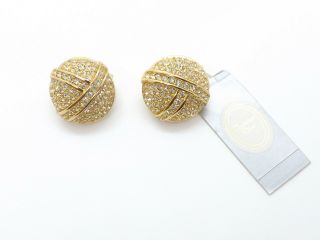 Christian Dior Vtg Nwt Gold Tone Round Button Clip - On Earrings W/ Pave Crystals
