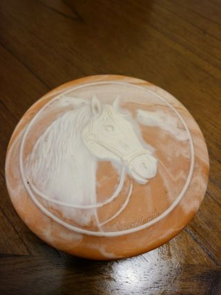 Vintage Robert Nemith Horse Round Marbled Soapstone Trinket Box & Lid