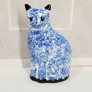 Vintage Ceramic Cat Coin Bank Blue Speckled Hand Painted Calico Spatterware 8.  5 "
