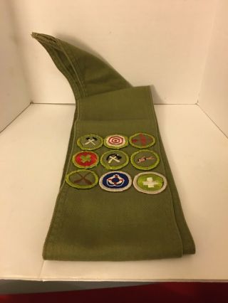 Boy Scout Green Sash With 9 Merit Badges Swimming Canoe Archery Bow More