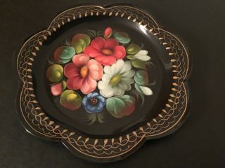 Vintage Tole Hand Painted Floral Metal Tray 7 X 7