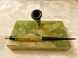 VTG Parker Duofold Desk Set Green Marble Base Matching Fountain Pen c.  1930 2