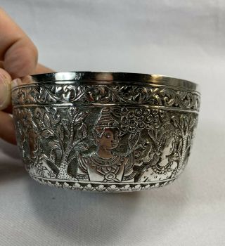 Intricate South East Asian Or Persian Hand Carved Silver Bowl Many People Faces