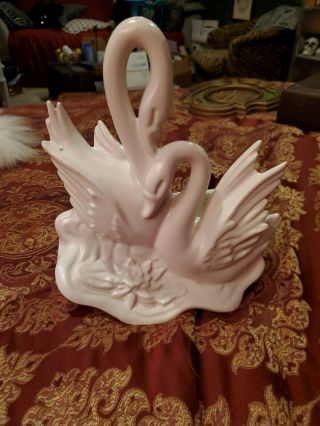 Vintage Swan Bird Pottery Figure Planter White Flower Hull