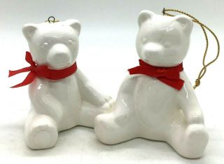 2 White Teddy Bear Christmas Ornaments Ceramic Holiday