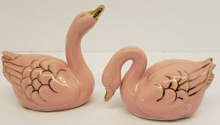 Two Vintage Ceramic Pink Swan Figurines With Gold Accents