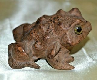 Vtg.  Hand Carved Cryptomeria Wood Frog Japan Stamp 3 1/2 