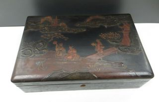 Antique Meiji Period 19thc Japanese Lacquered Wooden Box - Figures/chicken