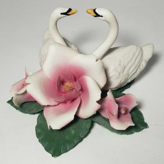 Vintage Capodimonte Porcelain Swans With Roses Figurine Made In Italy