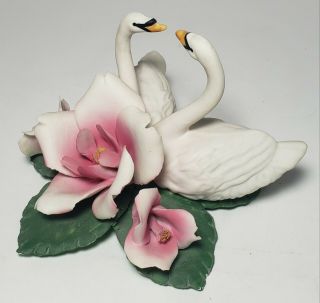Vintage Capodimonte Porcelain Swans With Roses Figurine Made In Italy 2