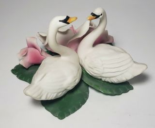 Vintage Capodimonte Porcelain Swans With Roses Figurine Made In Italy 3