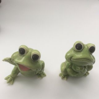 Vintage Set Of 2 Ceramic Frogs Figurines Green 3 1/4” X 2 1/2”