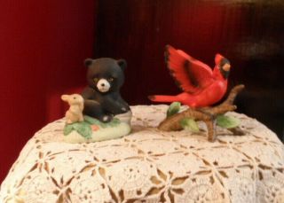 2 Miniatures Porcelain Figurines Homco Black Bear W/ Bunny And Red Cardinal Bird