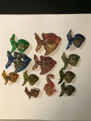Set Of 12 Fish / Seahorse Resin Plastic Colorful Wall Decorations Vintage,