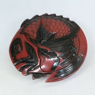 E389: Japanese Old Covered Bowl Kashiki Of Lacquer Ware W/great Sea Bream Shape.