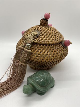 Antique Chinese Sewing Basket Peking Glass,  Beads,  Coins,  Tassel Jade Turtle
