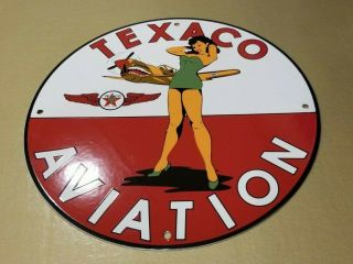 Vintage Texaco Gasoline Porcelain Gas Pin Up Girl Airplane Service Aviation Sign