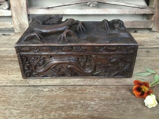 Antique Chinese Carved Dragon Wooden Box Circa 1900’s 5 Toed Dragon