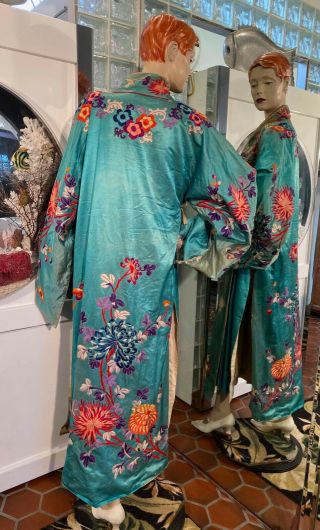 Antique Chinese Hand Embroidered Silk Textile Robe Floral Multi Teal Display Art