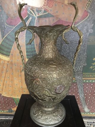Large Antique Indian Engraved Brass Cobra Handled Vase,  Urn,  Fine Detail,  Copper