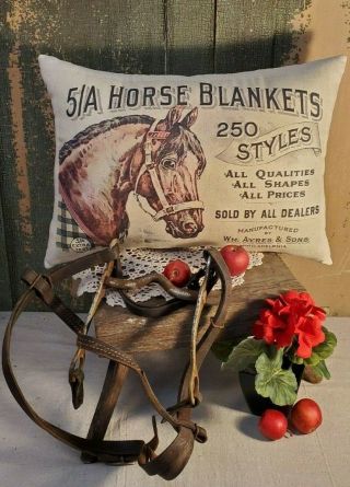 Primitive Vintage Antique Victorian Style Advertising Store Horse Blanket Pillow