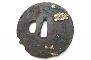 Antique Japanese Gold Inlay Narcissus Flower Leaf Motif Tsuba