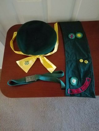 Vintage Girl Scout 1962 - 1968 Belt,  Hat Boetie And Sash With Pins