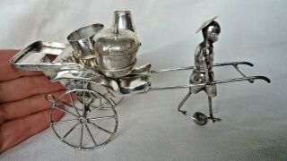 Vintage Novelty Chinese Republic Silver Rickshaw Condiment / Cruet Set
