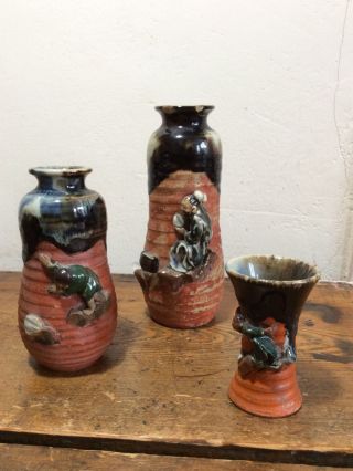Antique Japanese Sumida Gawa Studio Potter Vases