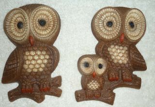 Vintage Home Interiors Homco 2 Retro Foam Brown Barn Owls Family Wall Hanging