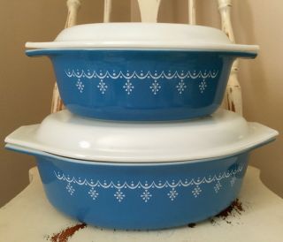 Vintage Pyrex Snowflake Garland Blue Casserole Dish Set W/ Lids