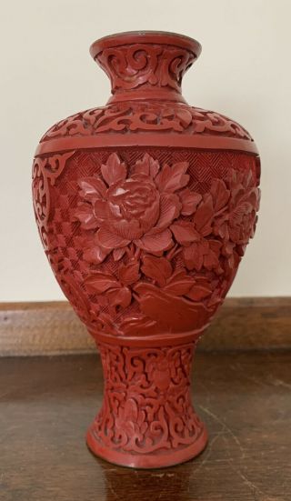 Vintage Chinese Carved Red Cinnabar Turquoise Enamel Floral Vase 7 1/4”