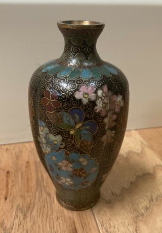 Antique Vintage Chinese Asian Cloisonné Brass & Enamel Butterfly & Flowers Vase