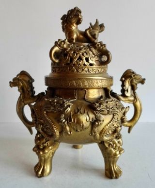 Magnificent Old Chinese Gilt Bronze Censer - Seal Mark On Base - Fine Example