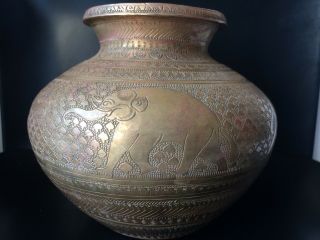Antique Indian Engraved Brass Water Container Vase