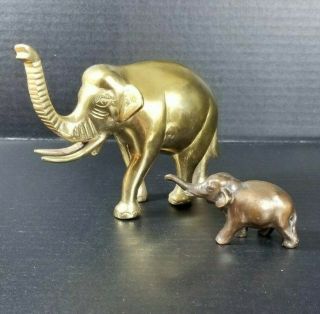 2 Vintage Brass Elephants Trunk Up Eyelashes Tusks Baby