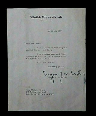 1968 Senator Eugene Mccarthy Signed Letter Dated April 29 1968 Thanking 4 Suport