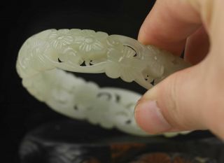 Natural Hetian White Jade Hand - Carved Hollowed Out Flower Bracelet Bangle