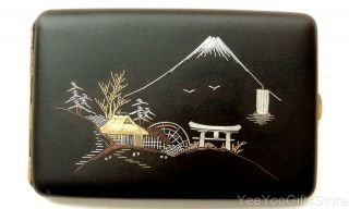 Japanese Damascene 24k Gold & Silver Mt Fuji Village Cigarette Case - Box