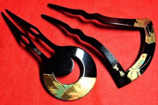 Vintage 2 Items Japanese Kushi Kanzashi Makie Kimono Hairpin Hair Ornament 8672