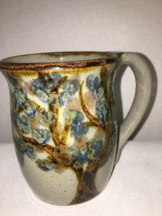 Vintage Hand Crafted Stoneware Blue Brown Tree Coffee Mug