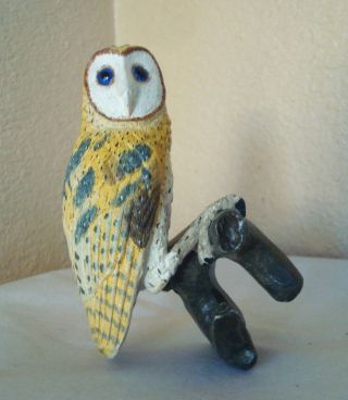 Vintage Owl Bird W/ Glass Eyes Hand Painted Resin Statue Figurine On Branch