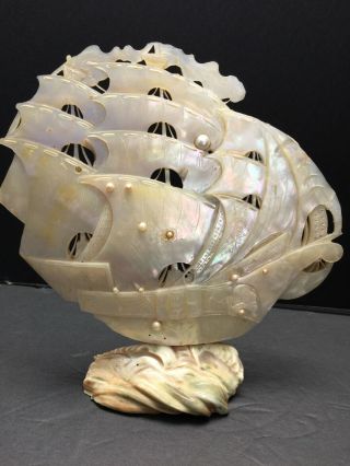 Antique Chinese Carved Mother Of Pearl Ship W/ 11 Pearls 1 Large South Sea Pearl
