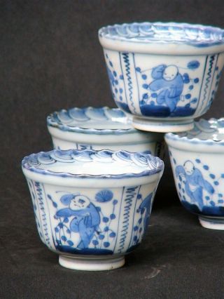 Set Of 4 Japanese Antique Pottery Blue & White Imari Tea Cup Hand Paint