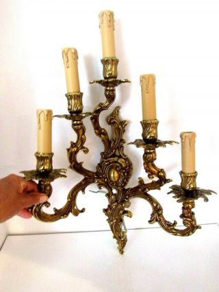 Vintage 5 Arm Ornate Brass Candelabra Light Sconce Wall Electric