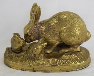 Vintage Heavy Solid Brass Rabbit W/2 Bunny Babies Figurine Sculpture India