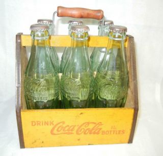 Vintage Coca Cola Ww Ii 1940’s War Wings Yellow Wood 6 Pack Carrier & Bottles
